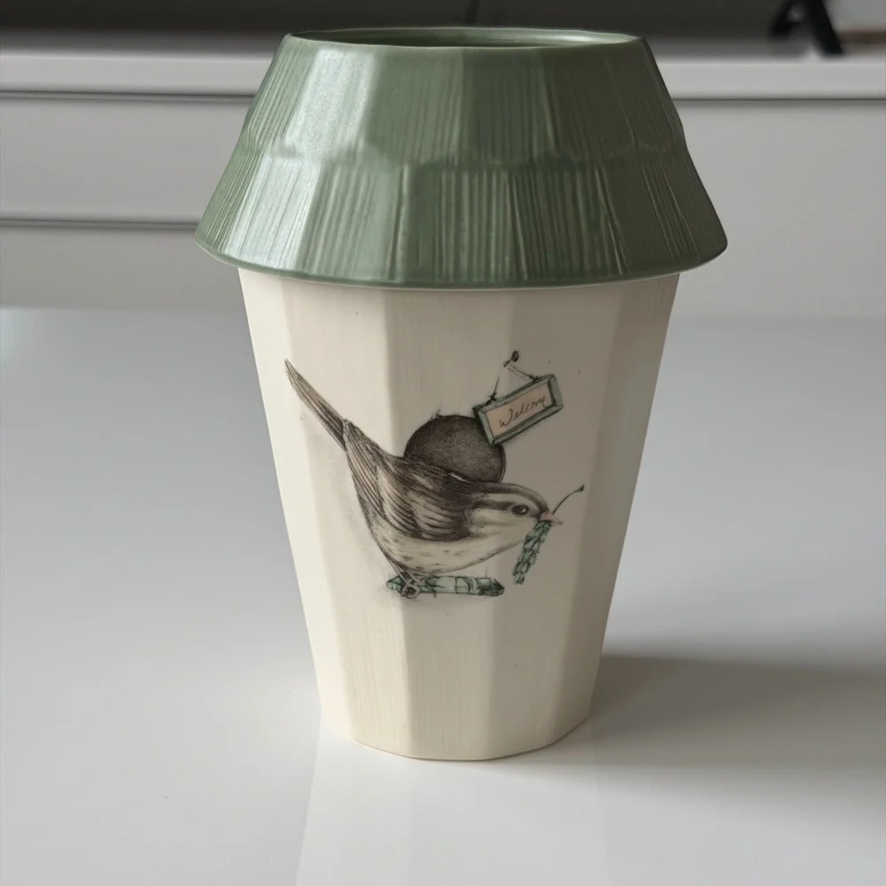 Pfaltzgraff Naturewood Earthy Green and Cream Bird Utensil Holder